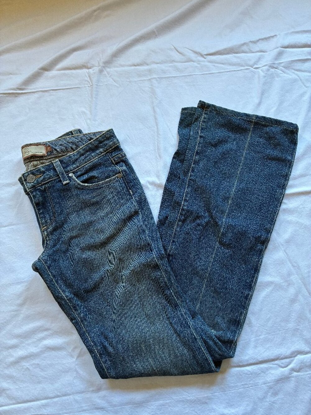 Paige Premium Denim Size 27 Dark Wash Low Rise Flare Jeans Distressed